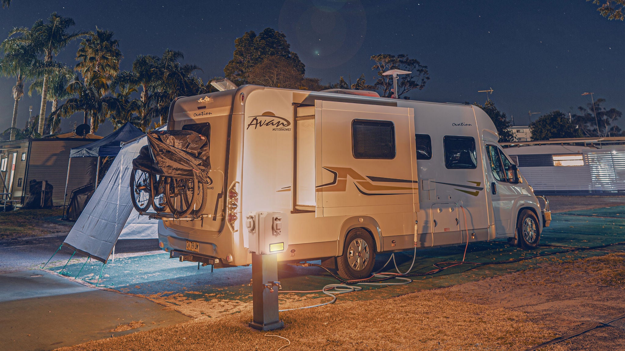 RV Power Pedestal illuminating RV park